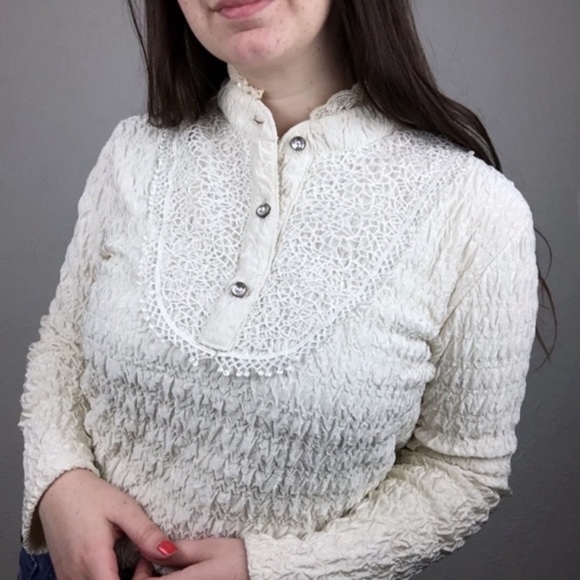 Vintage Tops - Vintage high neck Victorian lace detail long sleeve blouse cottagecore coquette